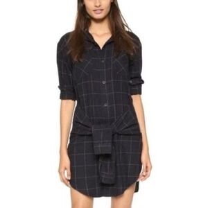 Current Elliott Navy Windowpane Plaid Cotton Flannel Tie Waist Shirt Dress 2 M